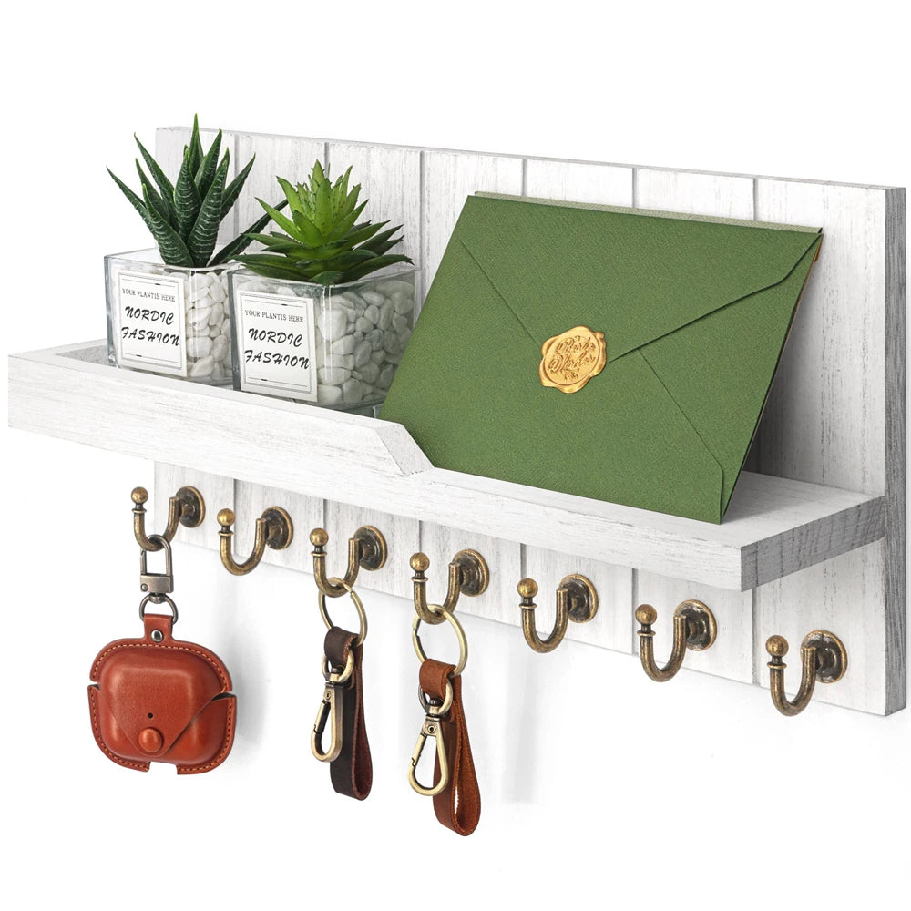Wooden Key Holder Wall Mounted with Shelf and 7 Hooks for Entryway