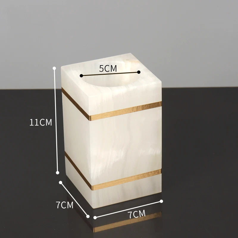 White Onyx Natural Marble Bathroom Accessories Set with Gold Accents