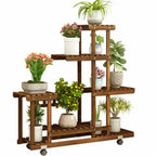 Multi-Layer Wood Plant Stand Rack Rolling Flower Pot Holder with Wheels, 5-Tier Indoor Outdoor