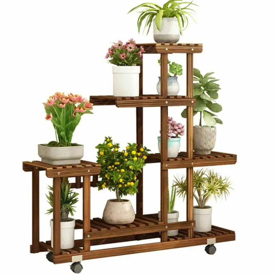Multi-Layer Wood Plant Stand Rack Rolling Flower Pot Holder with Wheels, 5-Tier Indoor Outdoor