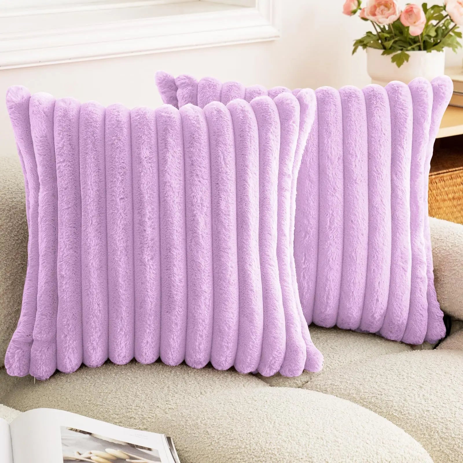 Faux Rabbit Fur Throw Pillow Cover 24x24 Striped Soft Sofa Cushion