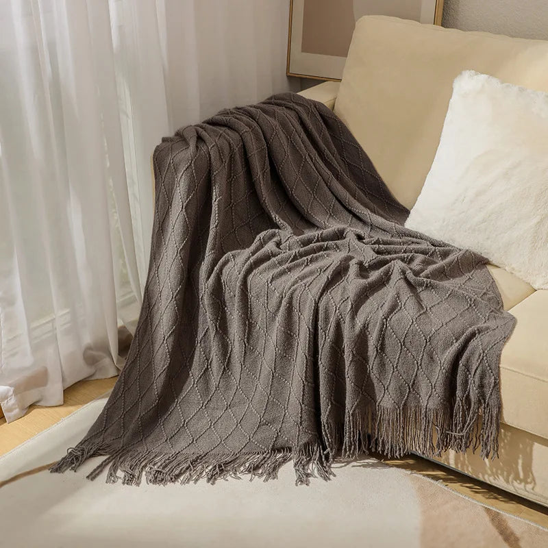 Chunky Knit Throw Blanket with Tassels – Khaki Farmhouse Oversized