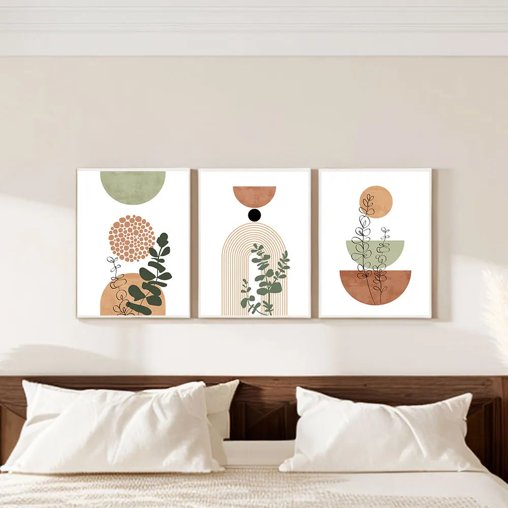 Abstract Botanical Wall Art Set of 3 | Boho Mid-Century Canvas Prints