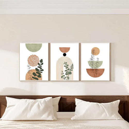 Abstract Botanical Wall Art Set of 3 | Boho Mid-Century Canvas Prints