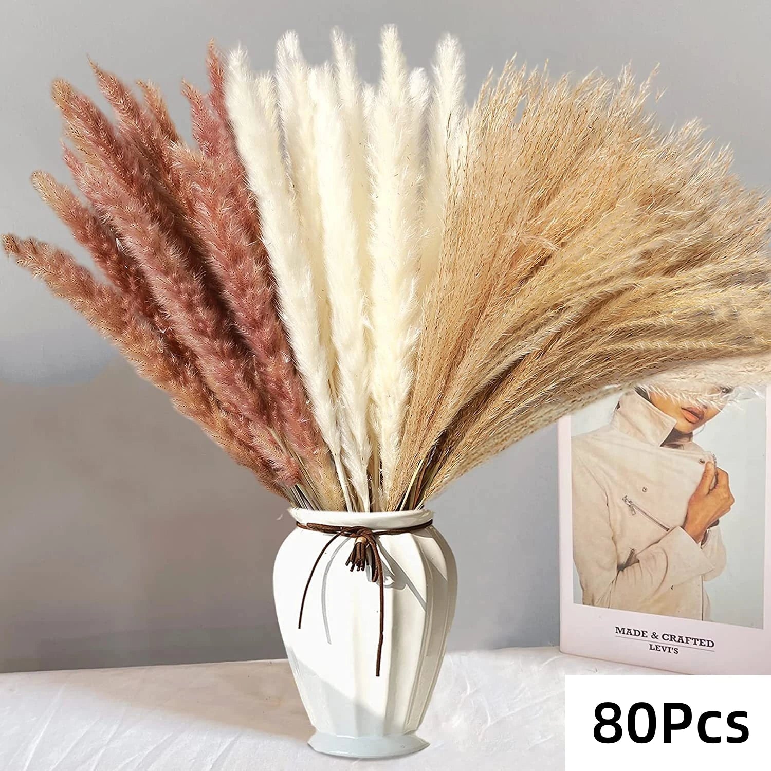 Natural Pampas Grass Dried Bouquet with Bunny Tails for Boho Vase Decor
