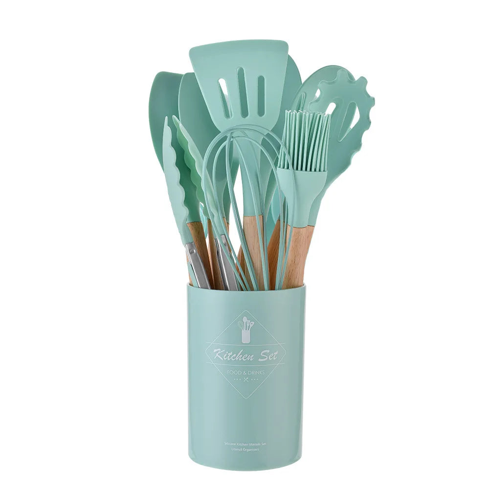 12-Piece Silicone Kitchen Utensil Set with Wood Handles