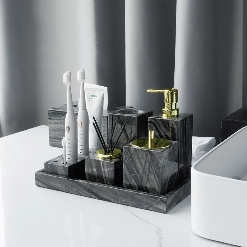 Black Marble Bathroom Accessories Set – Toothbrush Holder, Soap Dispenser & Dish Tray