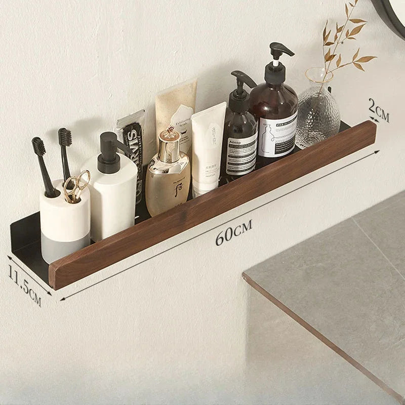 Wall Mounted Bathroom Shelf No Drill Solid Wood Storage Rack