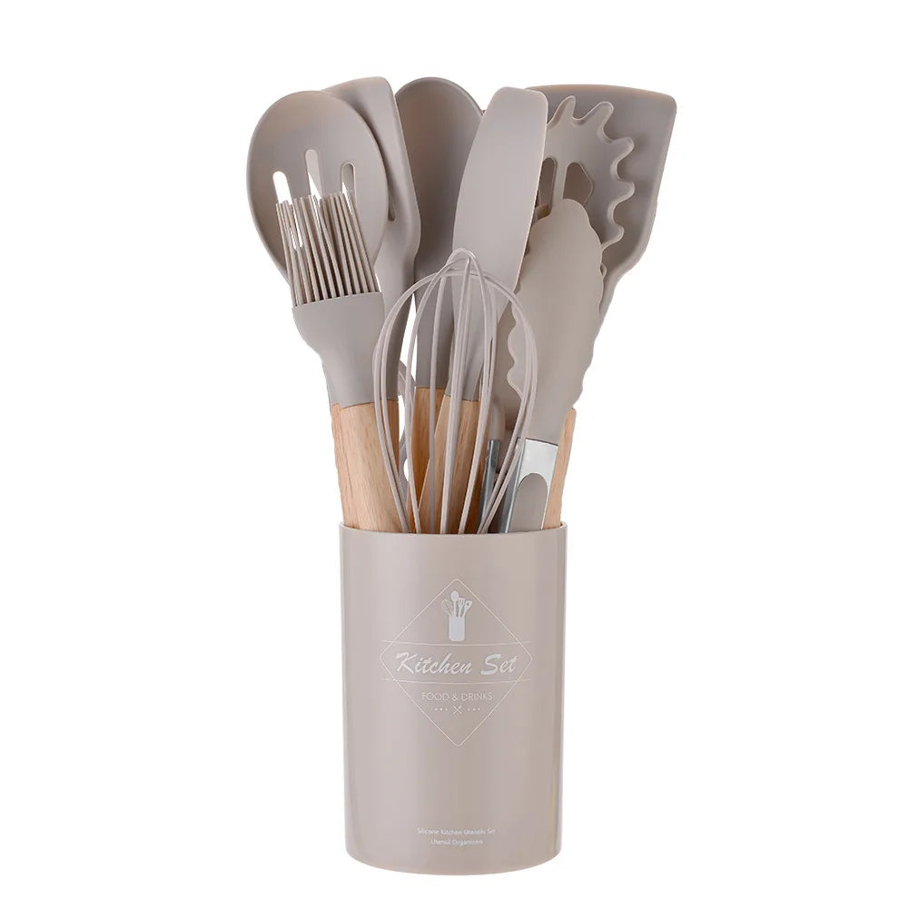12-Piece Silicone Kitchen Utensil Set with Wood Handles