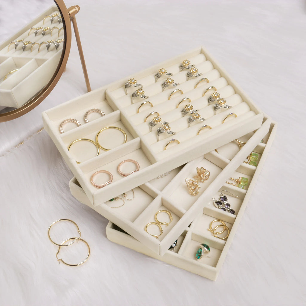 Velvet Jewelry Box Tray Drawer Organizer for Rings Earrings Necklaces Bracelets