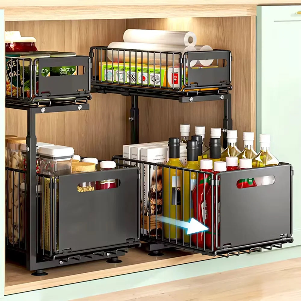 2-Tier Pull-Out Cabinet Organizer with Adjustable Slide-Out Drawers