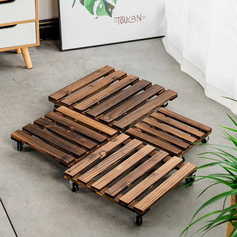 Wood Plant Stand Rack Rolling Flower Pot Tray Bonsai Holder with Wheels