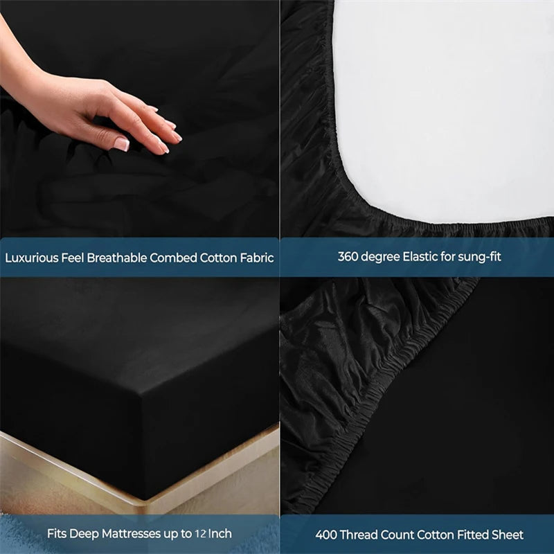 400TC 100% Cotton Fitted Sheet Soft Breathable Deep Pocket Single Double Queen King