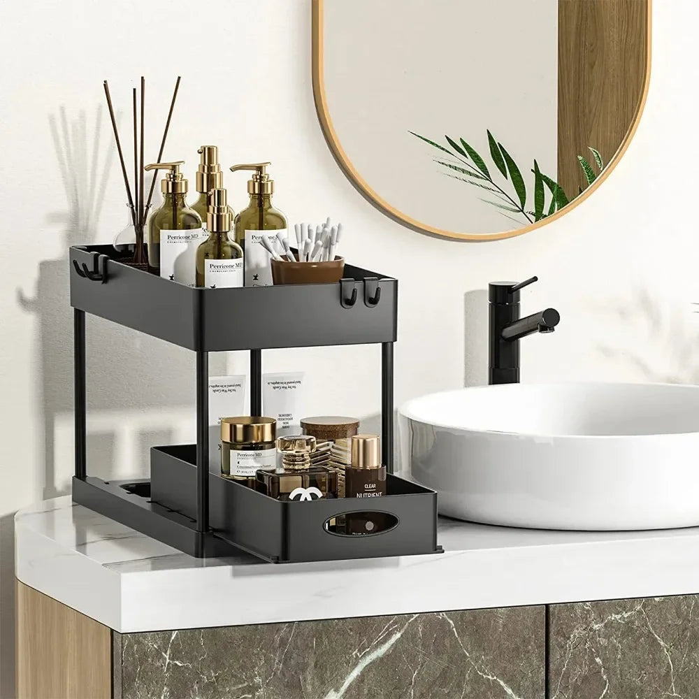 2-Tier Under Sink Organizer with Sliding Baskets and Hooks
