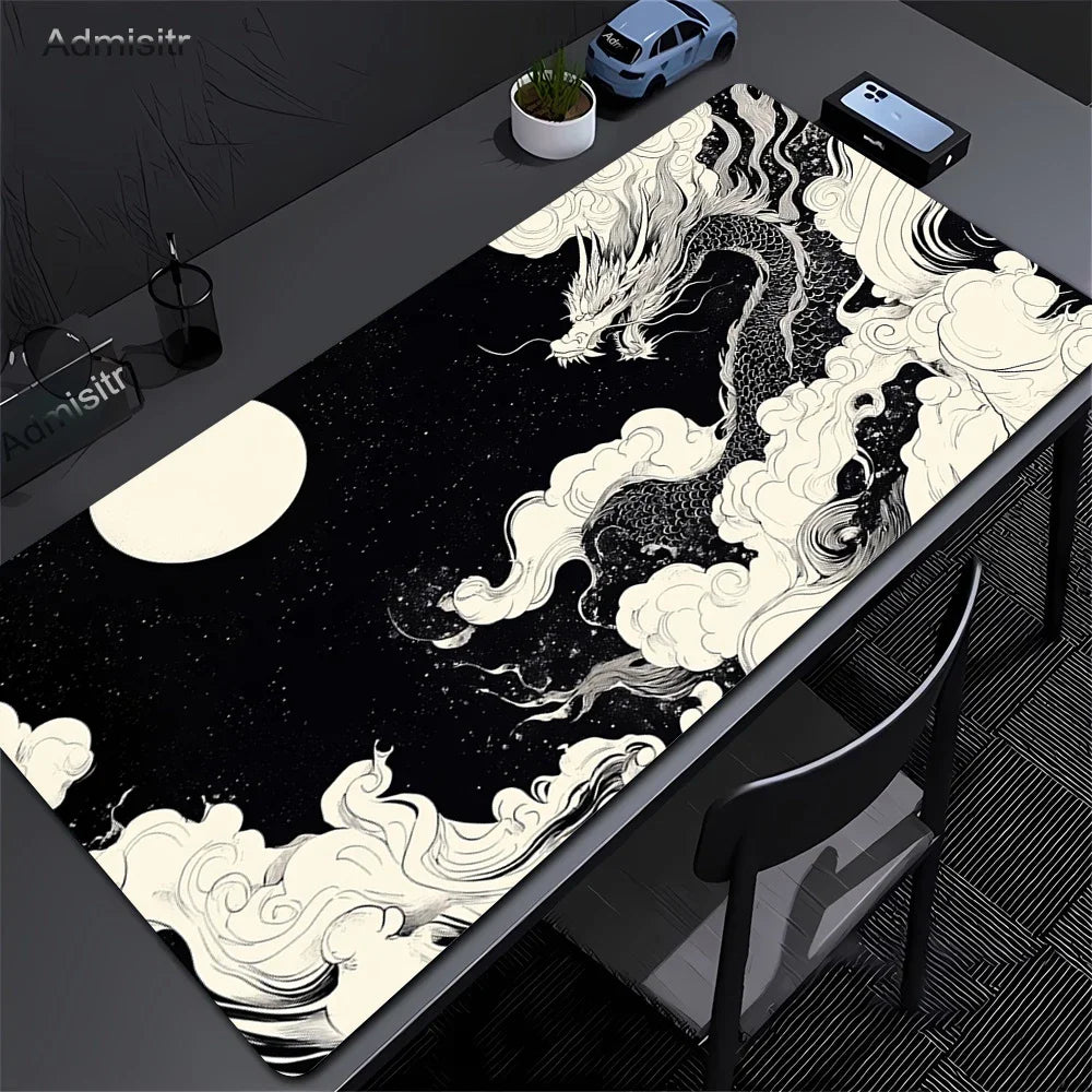 XXL Dragon Anime Gaming Desk Mat | Black & White Non-Slip Mouse Pad