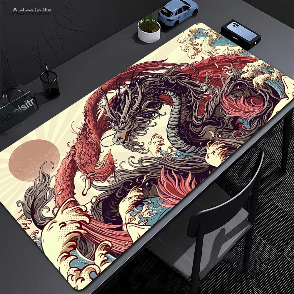 XXL Dragon Anime Gaming Desk Mat | Black & White Non-Slip Mouse Pad