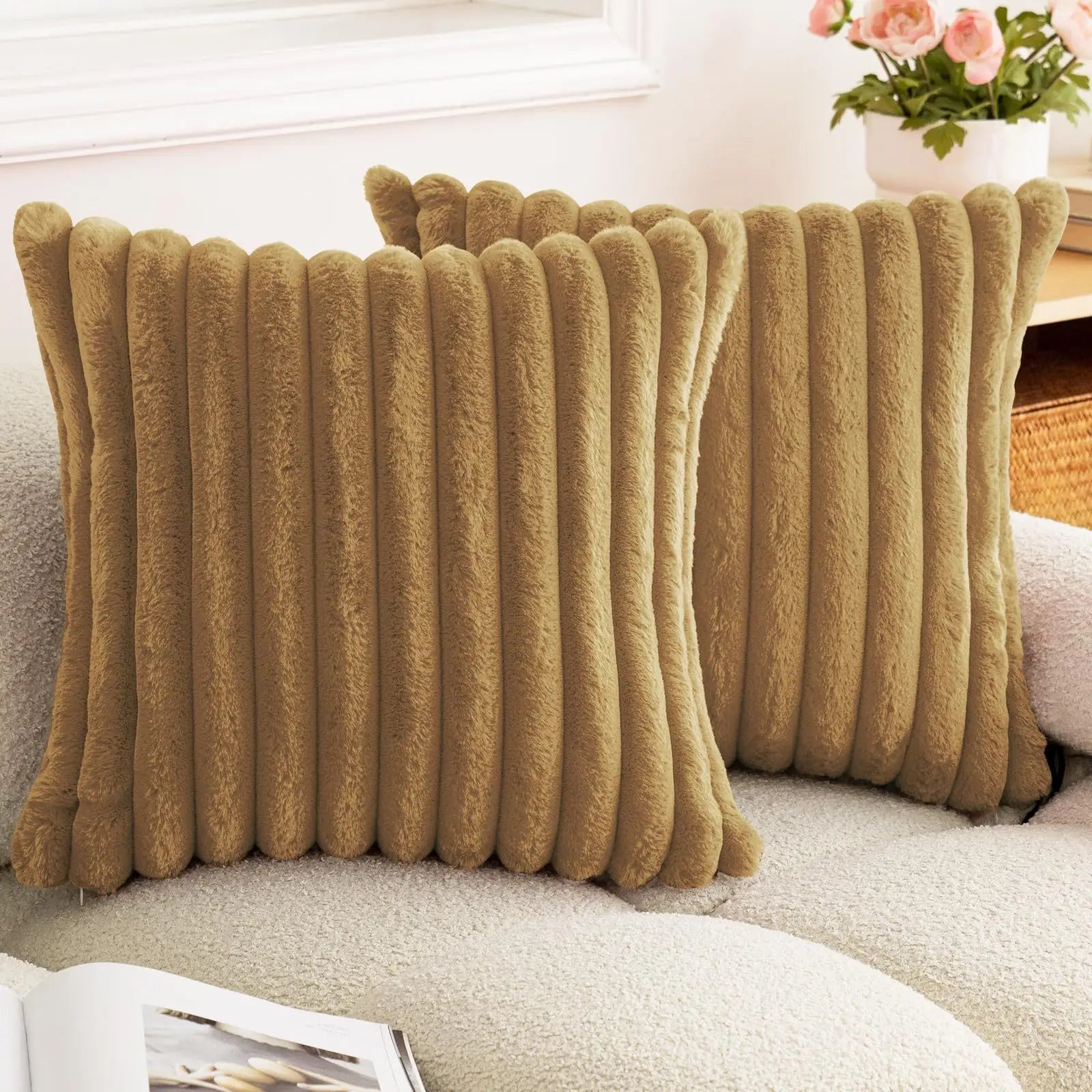 Faux Rabbit Fur Throw Pillow Cover 24x24 Striped Soft Sofa Cushion