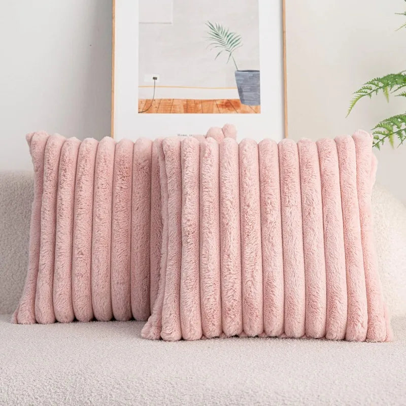 Faux Rabbit Fur Throw Pillow Cover 24x24 Striped Soft Sofa Cushion