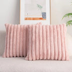 Faux Rabbit Fur Throw Pillow Cover 24x24 Striped Soft Sofa Cushion