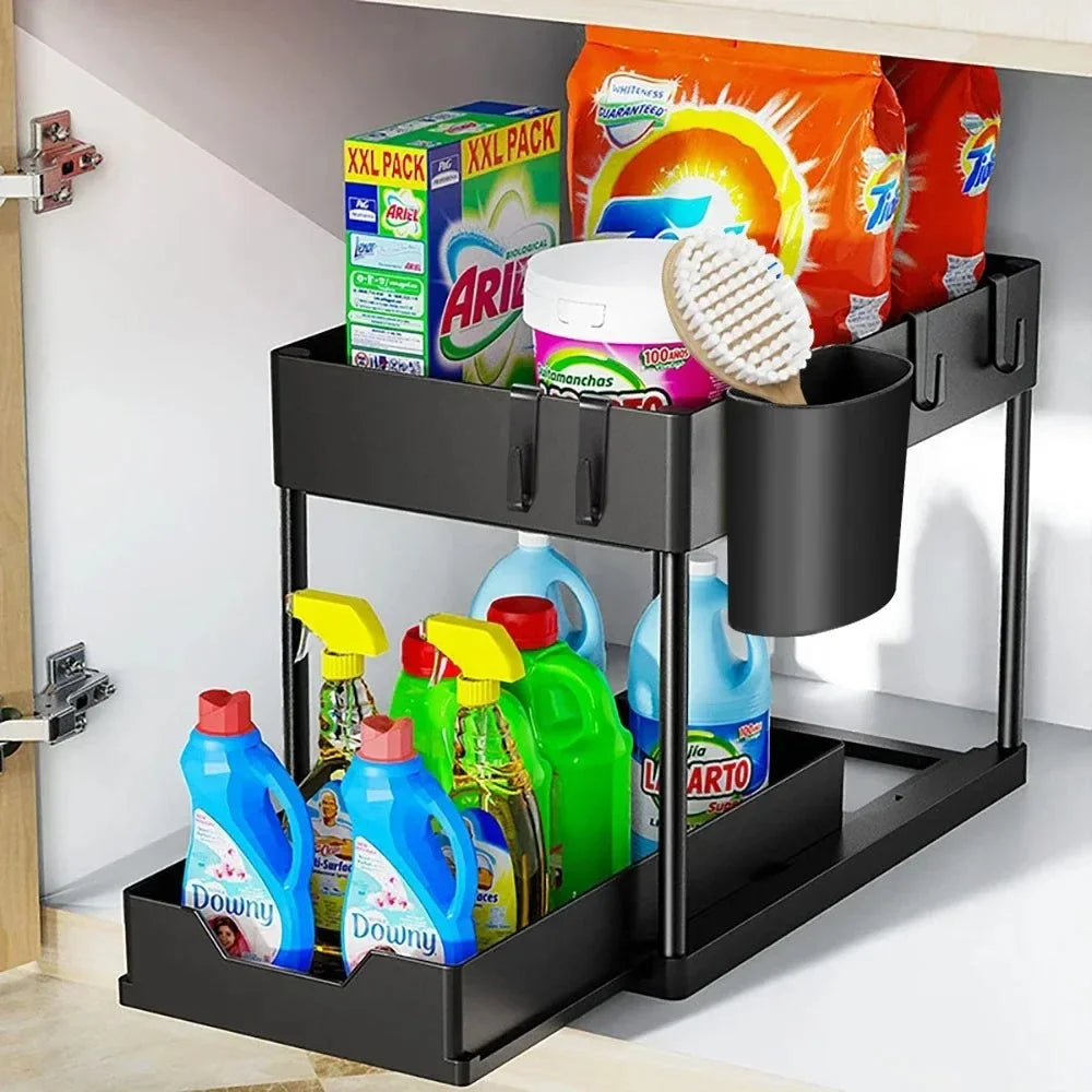 2-Tier Under Sink Organizer with Sliding Baskets and Hooks