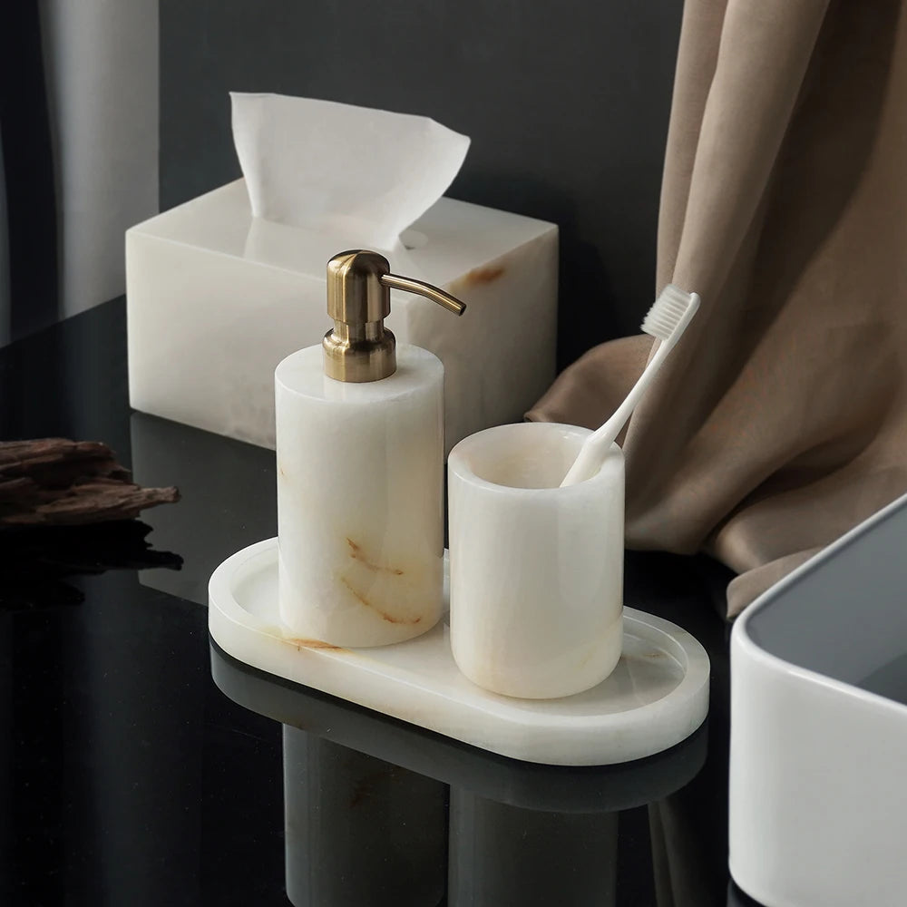 White Onyx Marble Bathroom Accessories Set with Soap Dispenser & Tray