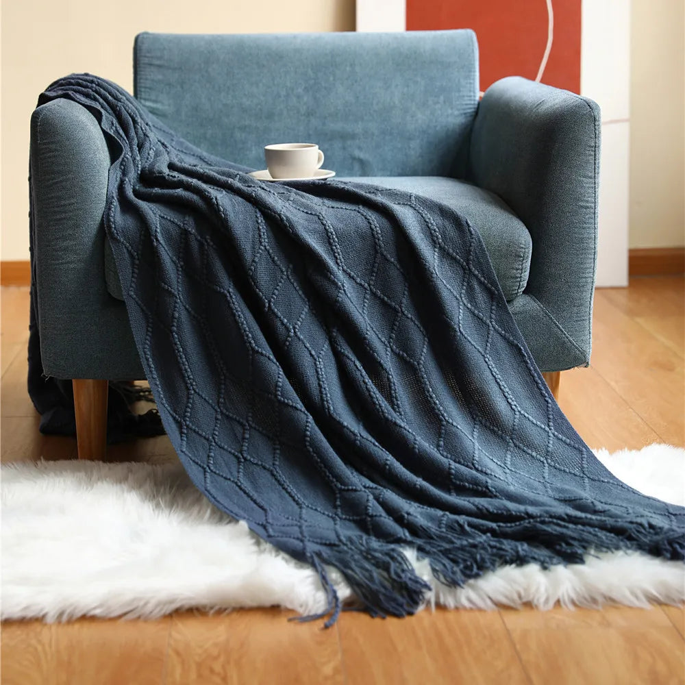 Chunky Knit Throw Blanket with Tassels – Khaki Farmhouse Oversized