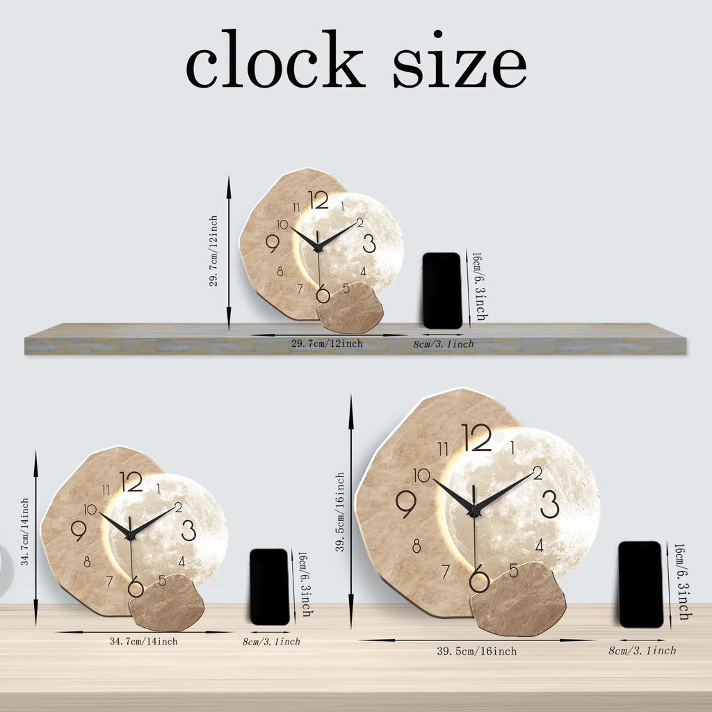 Modern Silent Wall Clock with Moon Design – Wooden, 34.7cm