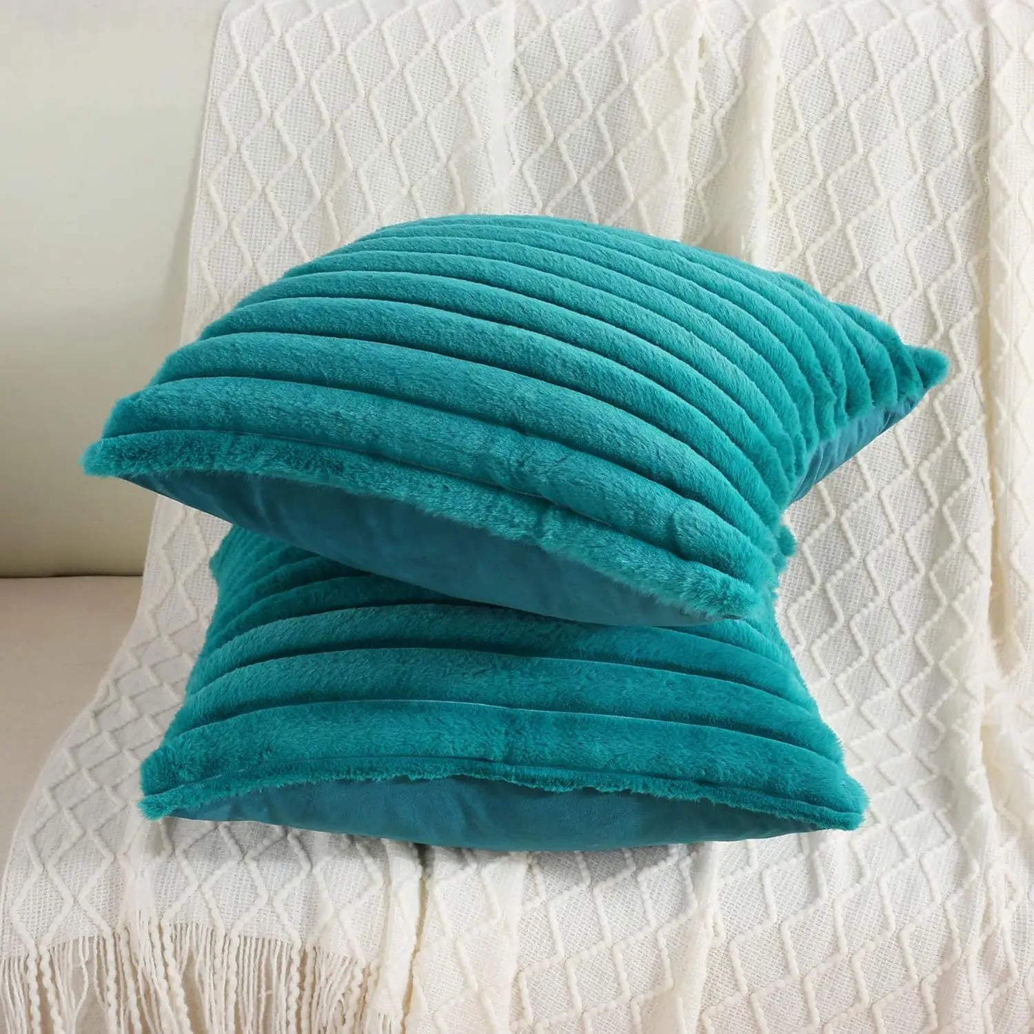 Faux Rabbit Fur Throw Pillow Cover 24x24 Striped Soft Sofa Cushion
