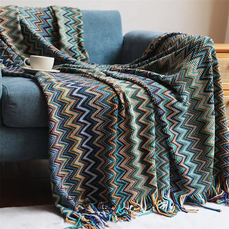 Hand Knitted Blanket with Tassel | Bohemian Soft Acrylic Throw