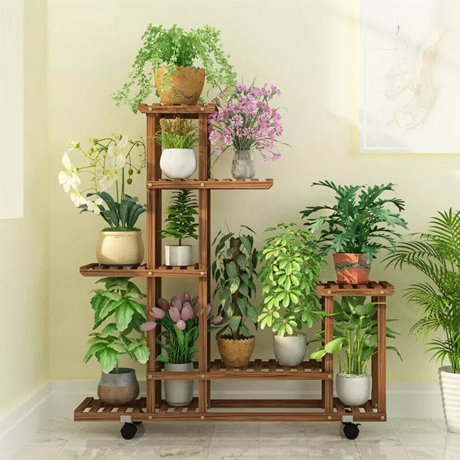 Multi-Layer Wood Plant Stand Rack Rolling Flower Pot Holder with Wheels, 5-Tier Indoor Outdoor