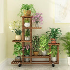 Multi-Layer Wood Plant Stand Rack Rolling Flower Pot Holder with Wheels, 5-Tier Indoor Outdoor