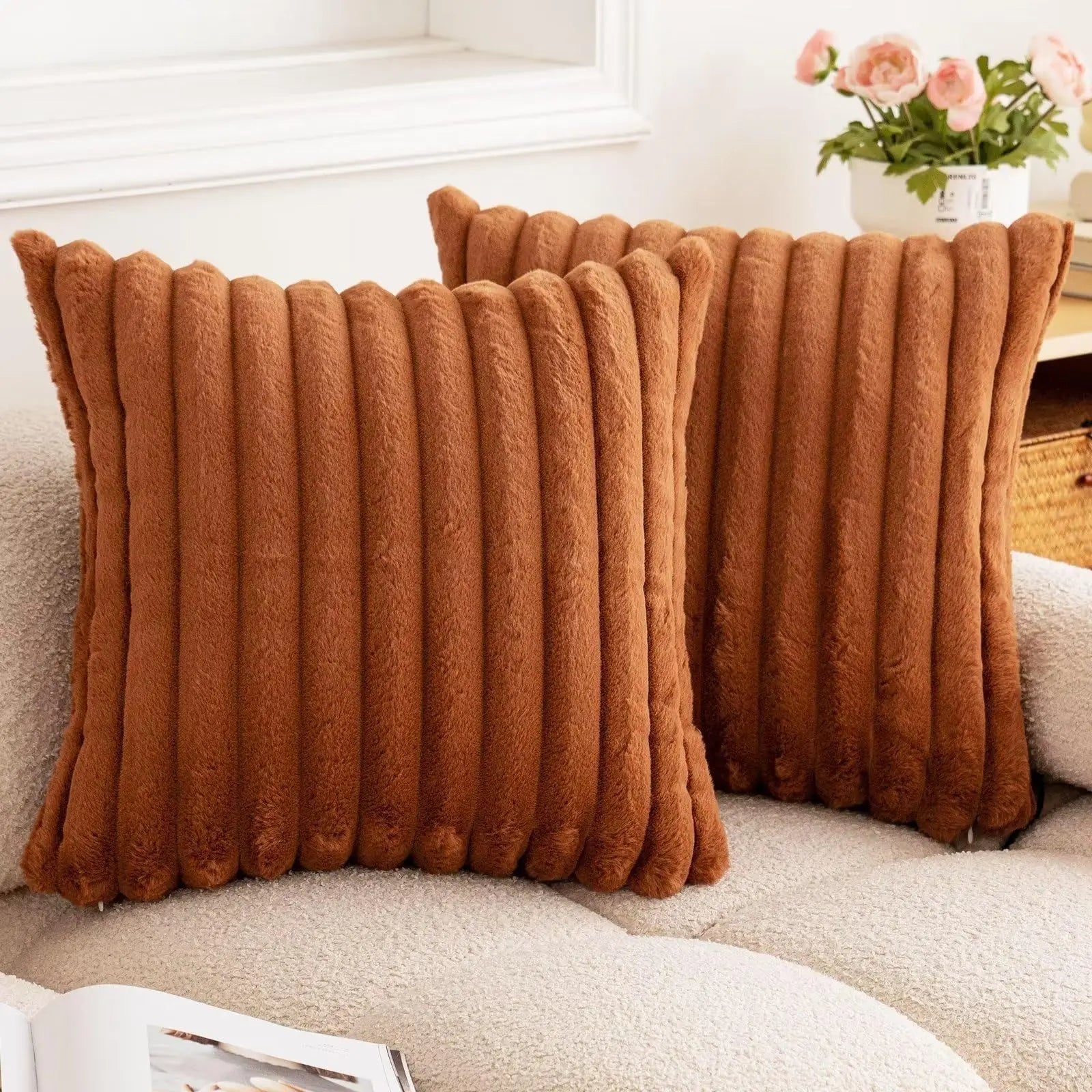 Faux Rabbit Fur Throw Pillow Cover 24x24 Striped Soft Sofa Cushion