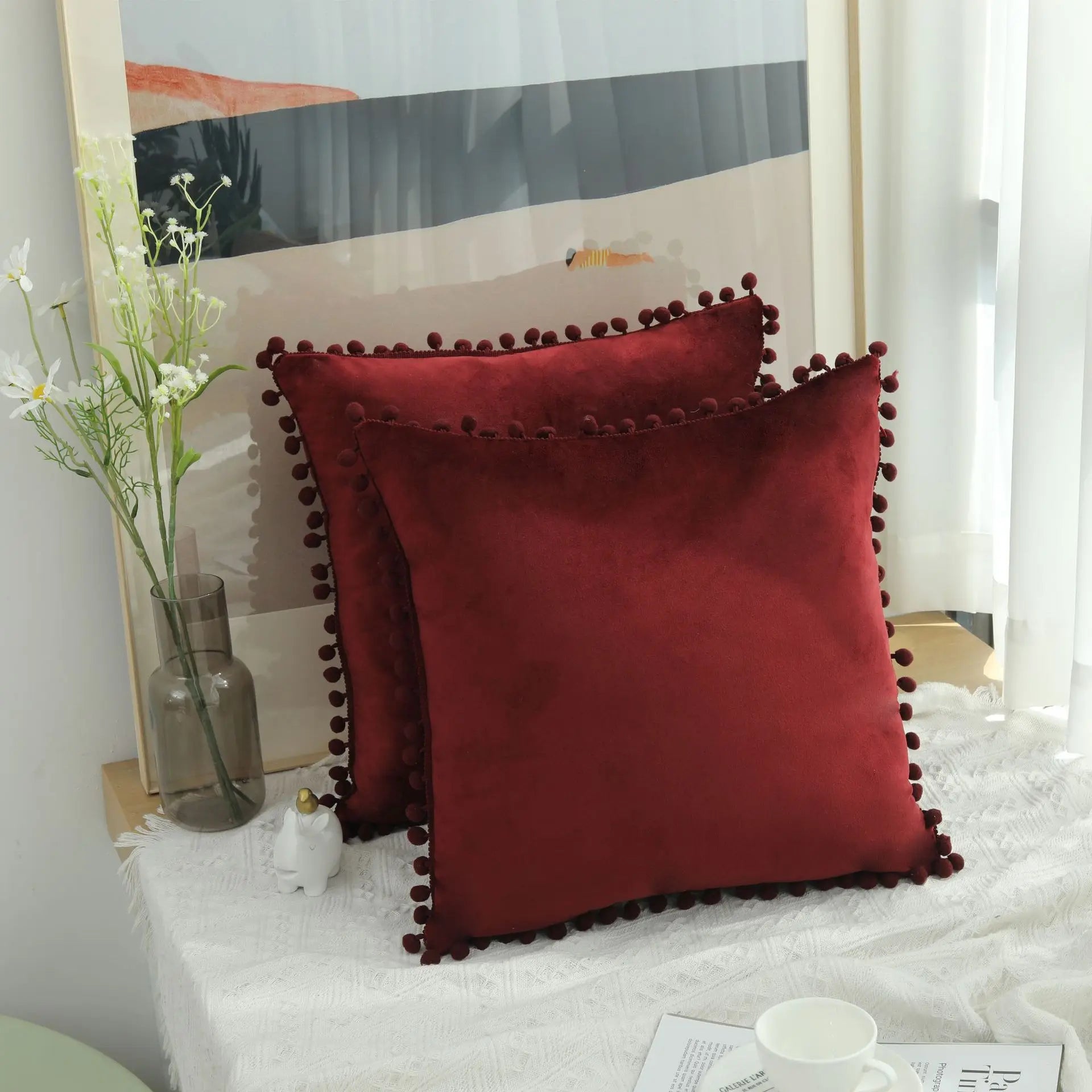 Burgundy Velvet Throw Pillow Cover with Pom Pom Trim