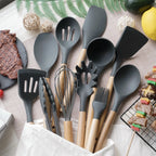 12-Piece Silicone Kitchen Utensil Set with Wooden Handles
