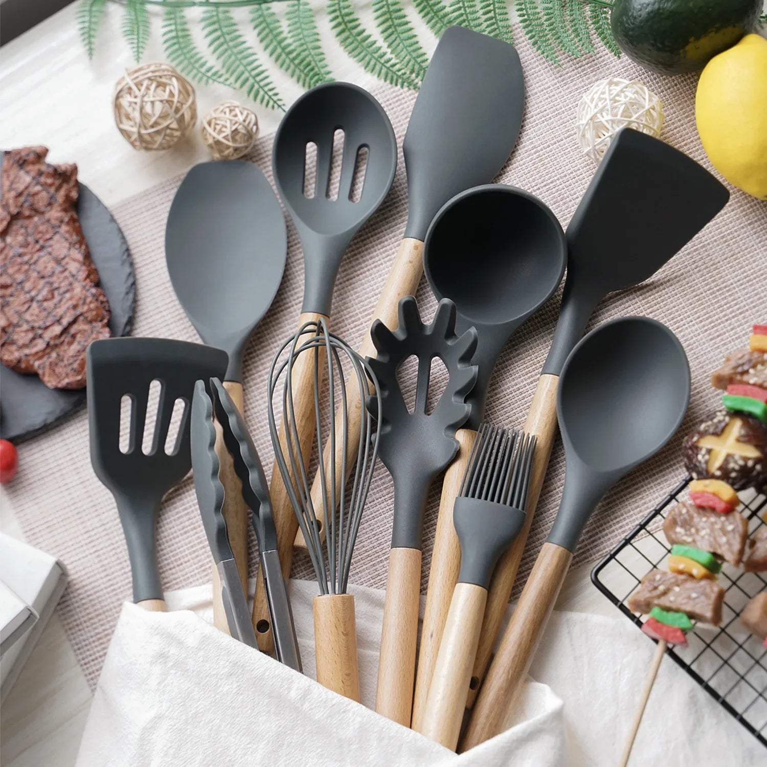 12-Piece Silicone Kitchen Utensil Set with Wooden Handles