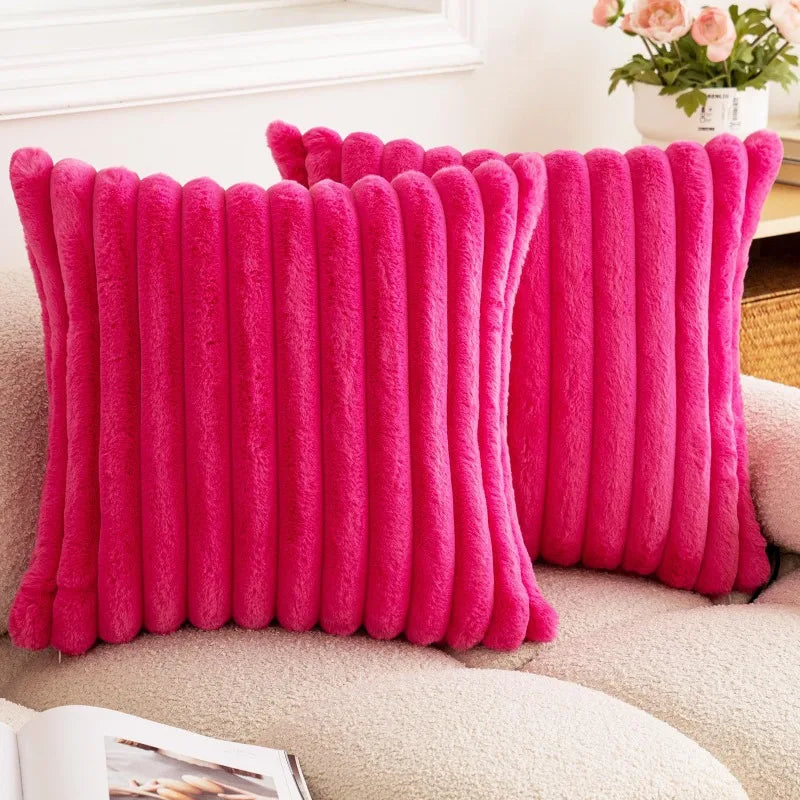 Faux Rabbit Fur Throw Pillow Cover 24x24 Striped Soft Sofa Cushion