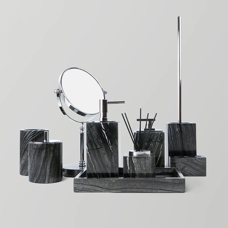 Black Marble Bathroom Accessories Set – Toothbrush Holder, Soap Dispenser & Dish Tray