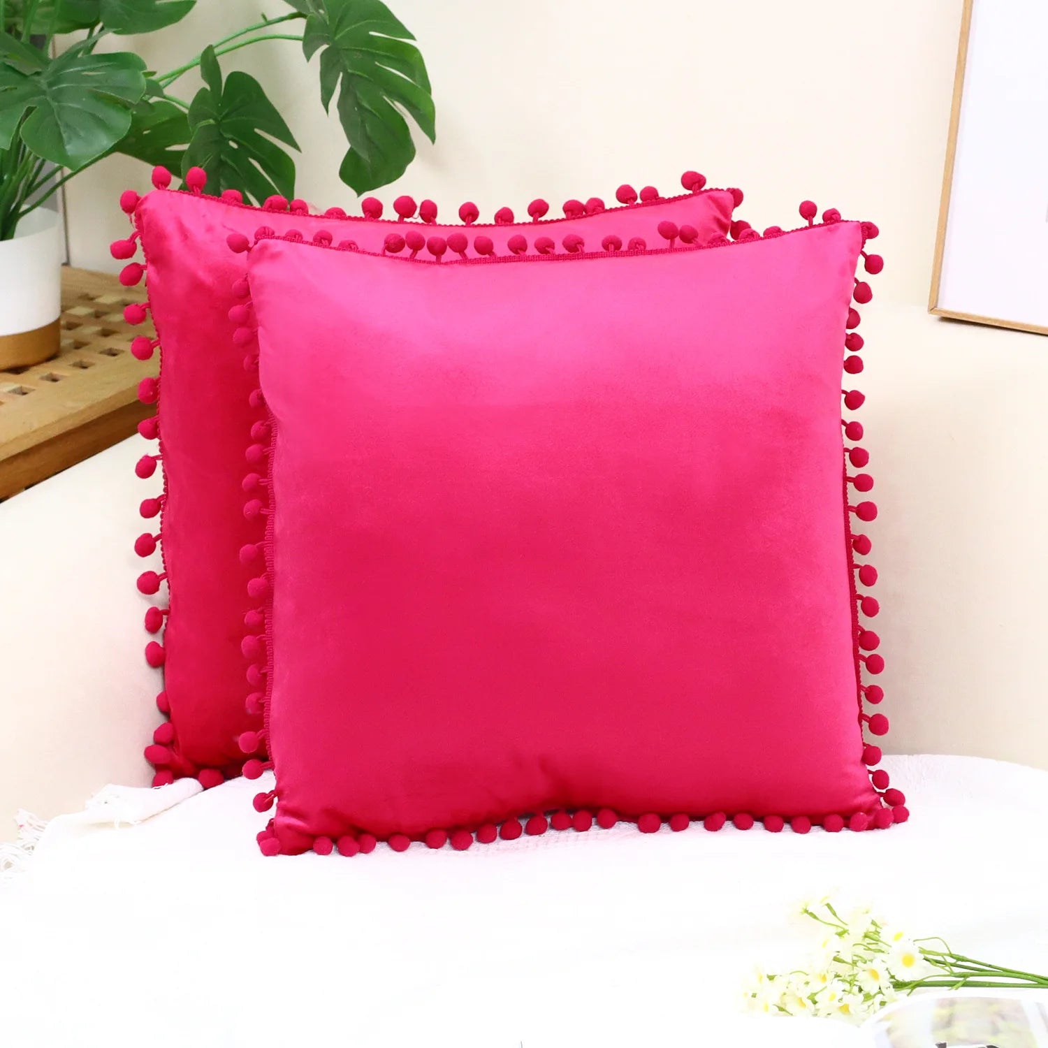 Burgundy Velvet Throw Pillow Cover with Pom Pom Trim