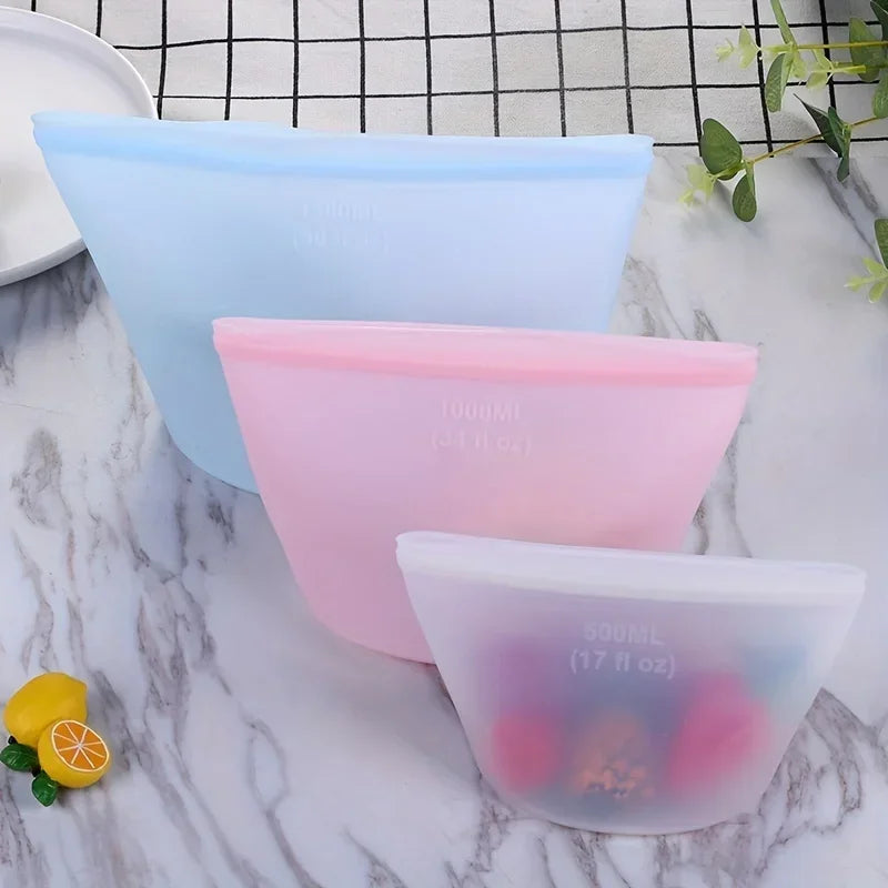 Reusable Silicone Food Bags, Stand-Up Leakproof Zip Seal – Set of 3