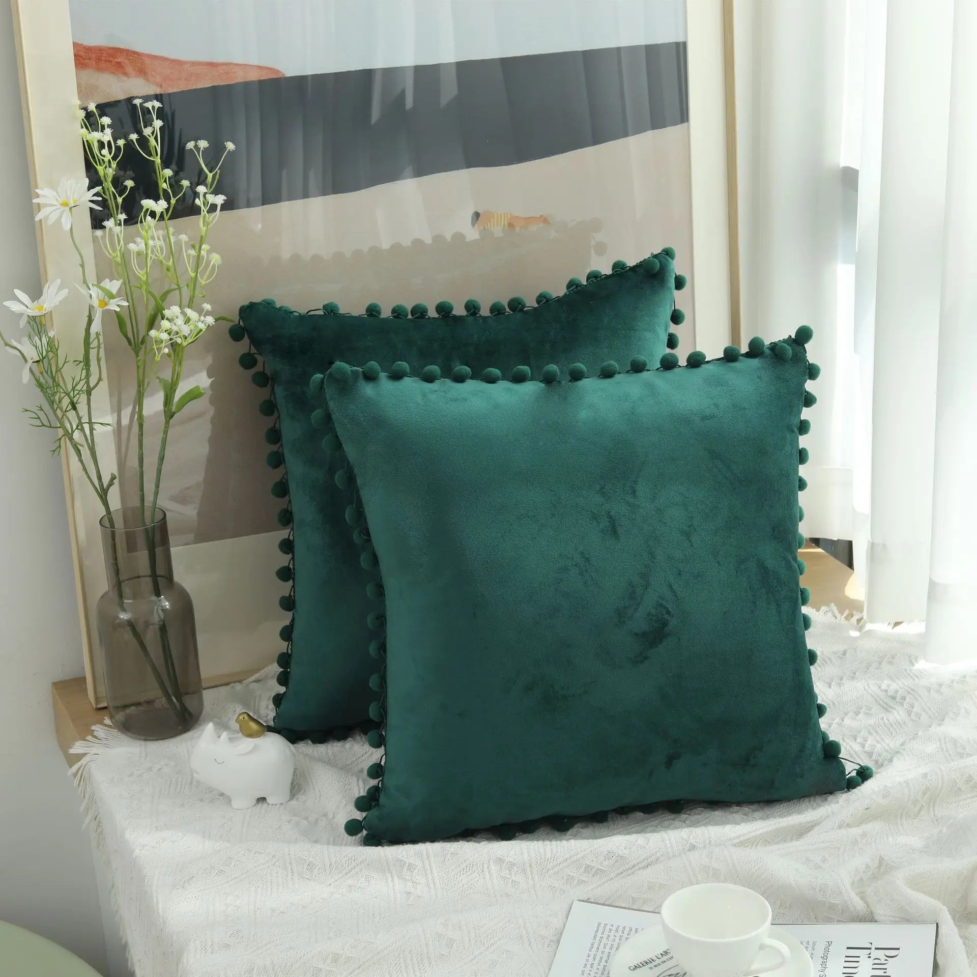 Burgundy Velvet Throw Pillow Cover with Pom Pom Trim