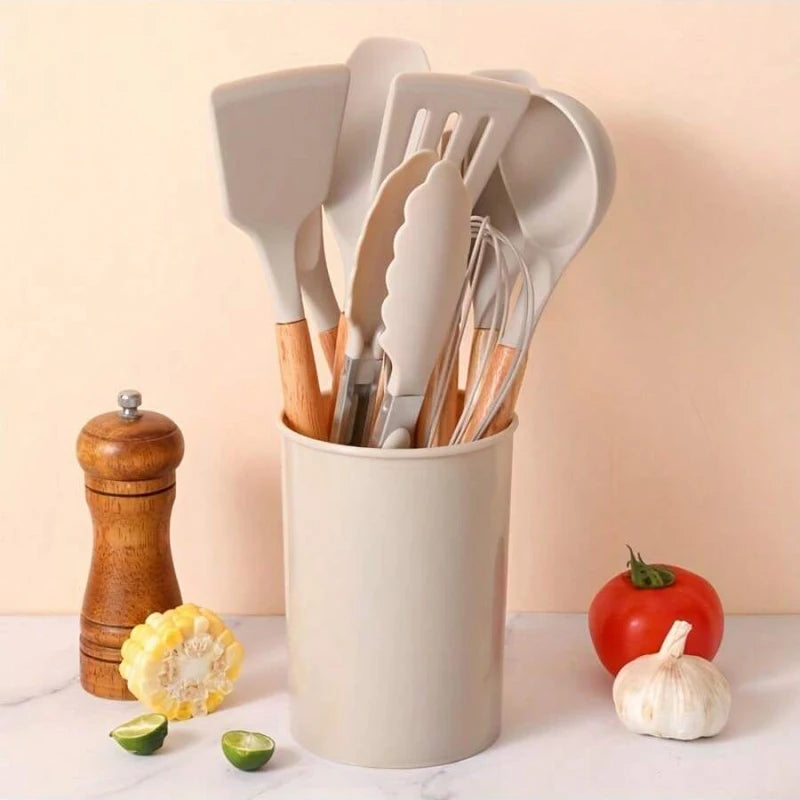 12-Piece Silicone Kitchen Utensil Set with Wood Handles