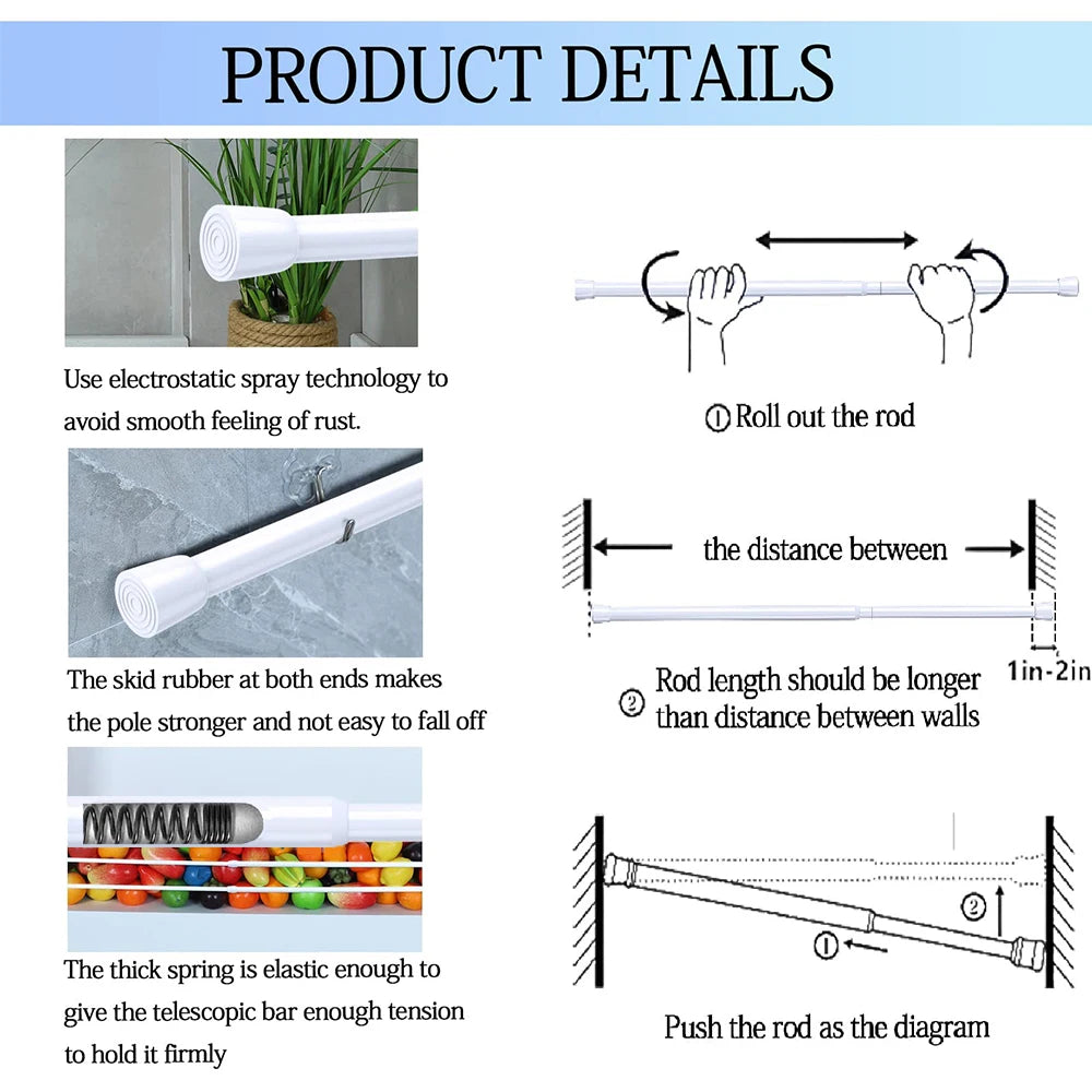 Spring Tension Curtain Rod Adjustable No-Drill Telescopic Pole