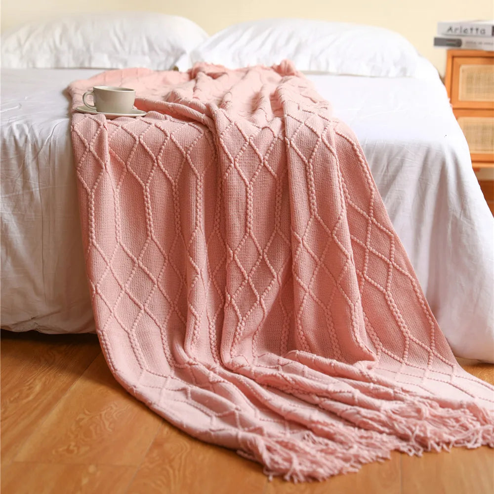 Chunky Knit Throw Blanket with Tassels – Khaki Farmhouse Oversized