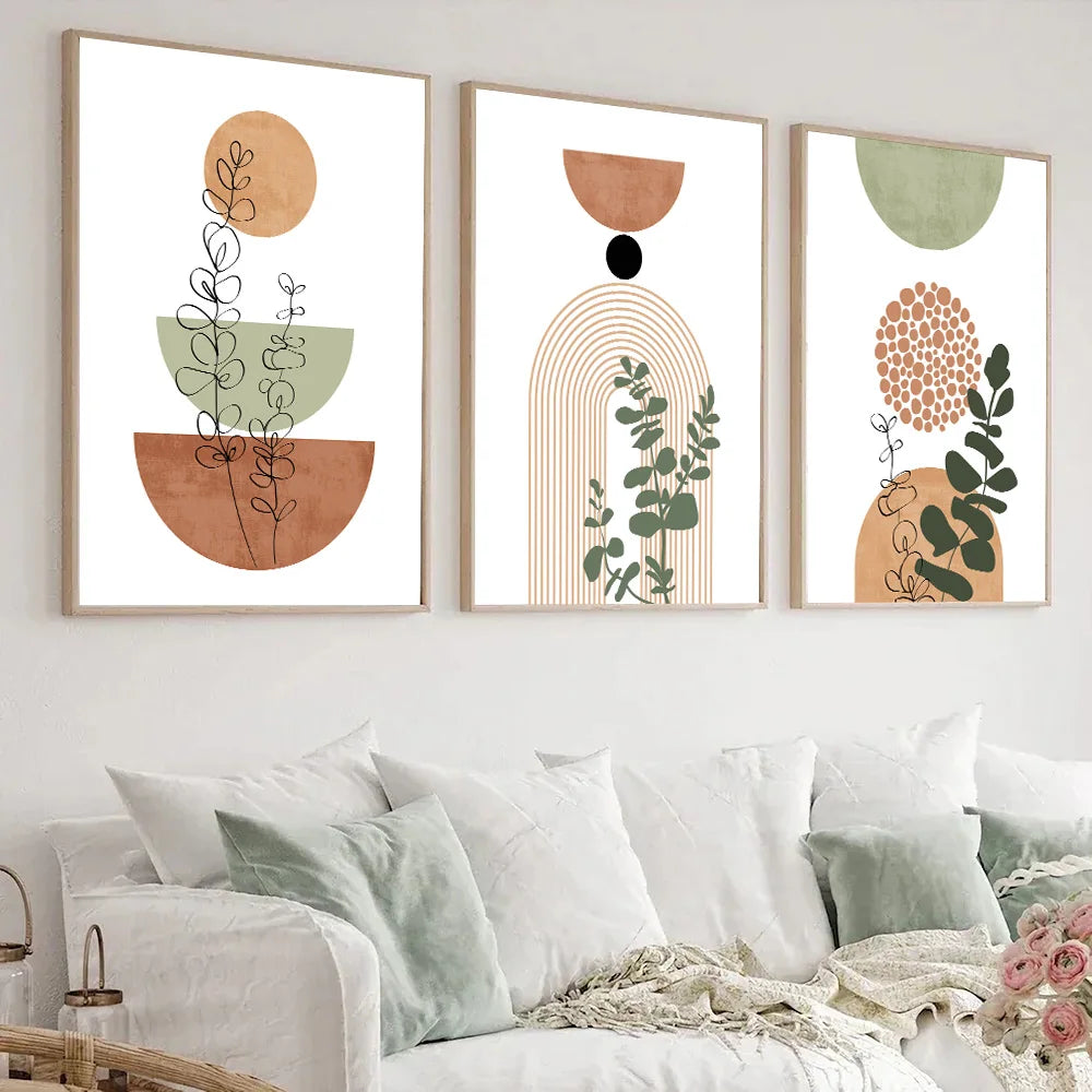Abstract Botanical Wall Art Set of 3 | Boho Mid-Century Canvas Prints