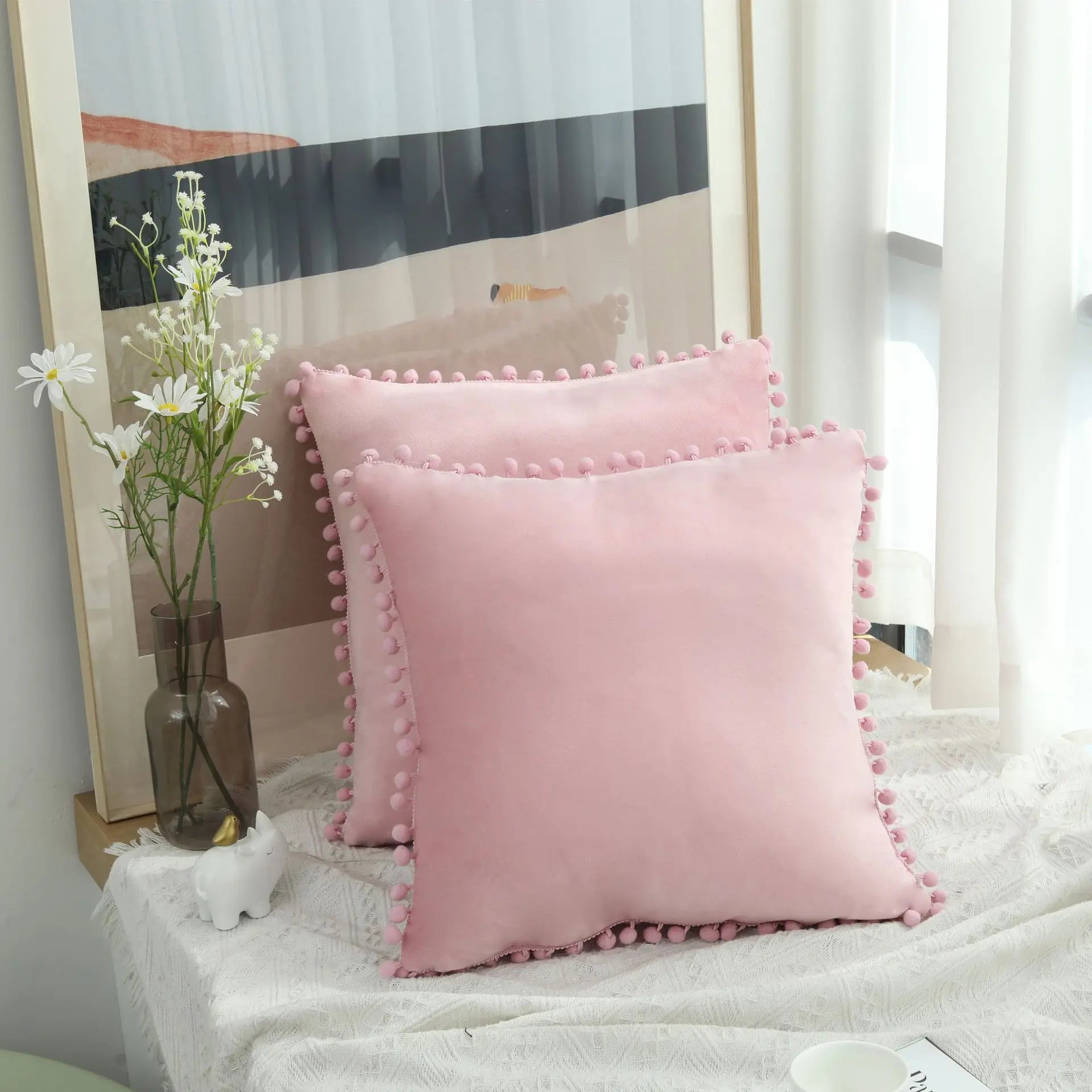 Burgundy Velvet Throw Pillow Cover with Pom Pom Trim