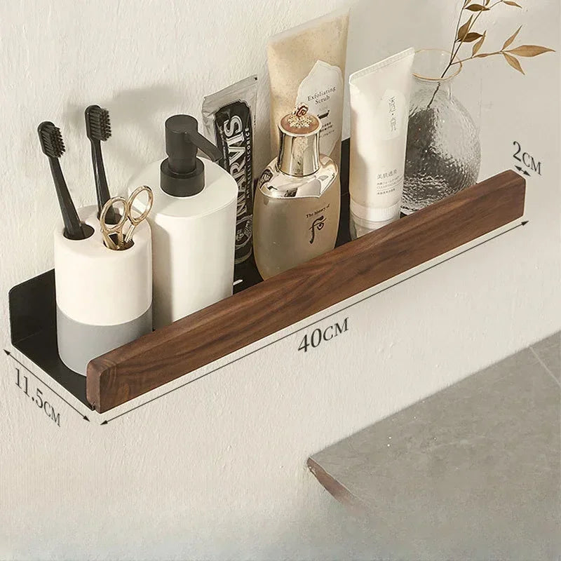 Wall Mounted Bathroom Shelf No Drill Solid Wood Storage Rack