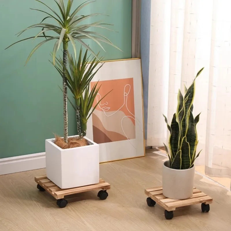 Wood Plant Stand Rack Rolling Flower Pot Tray Bonsai Holder with Wheels