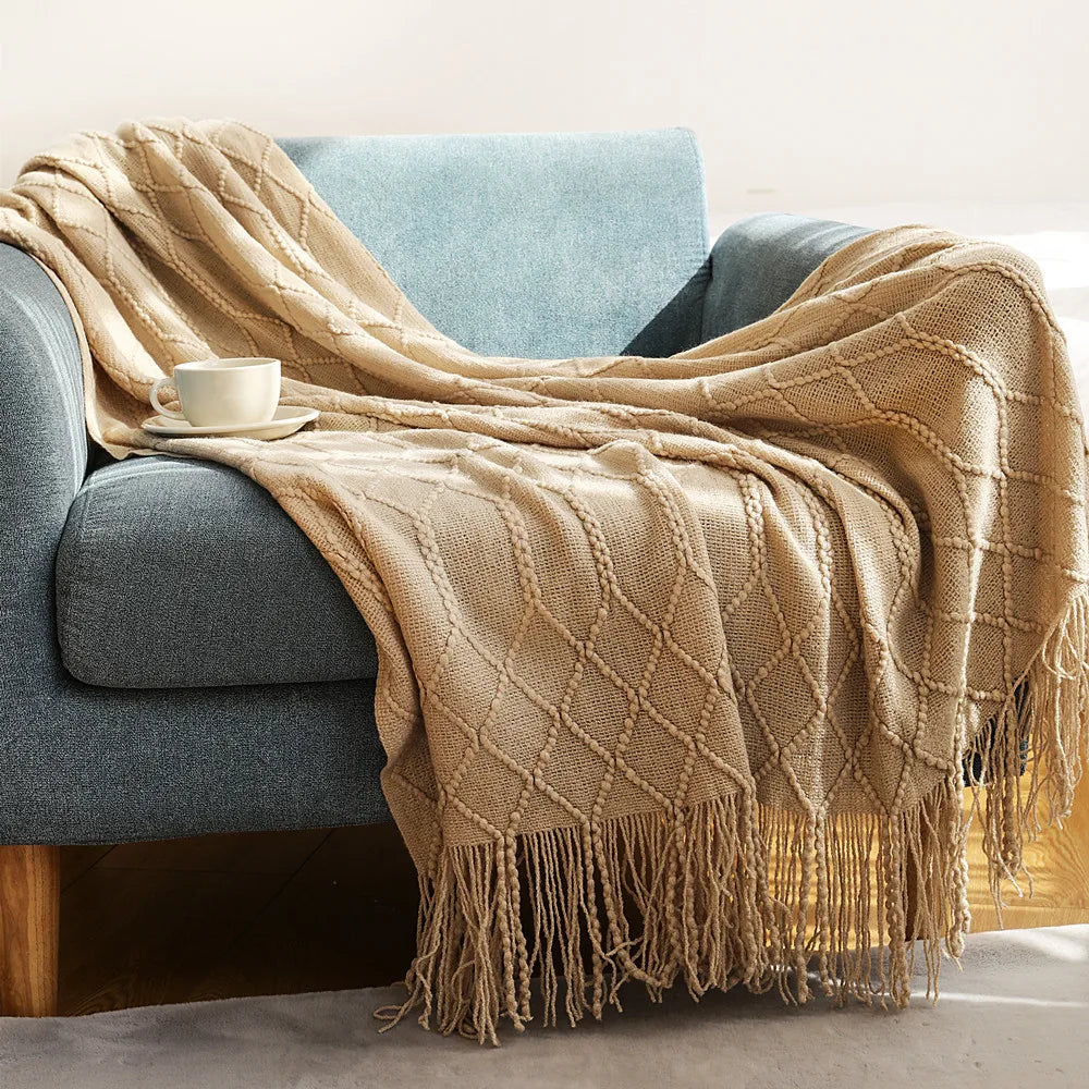 Chunky Knit Throw Blanket with Tassels – Khaki Farmhouse Oversized