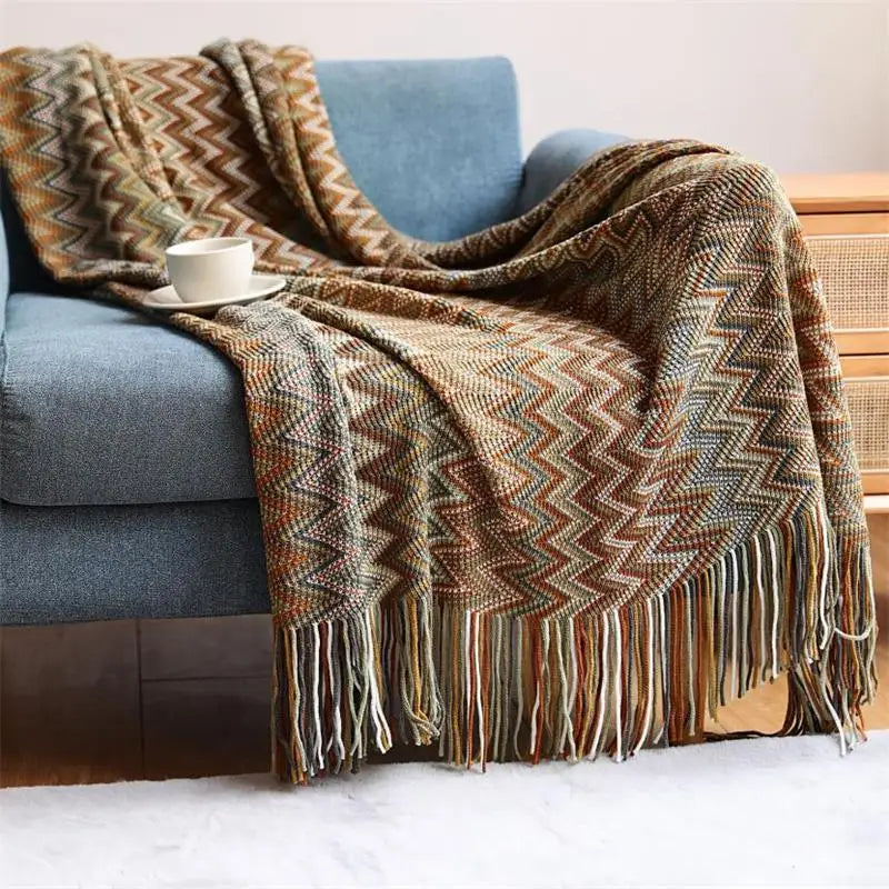 Hand Knitted Blanket with Tassel | Bohemian Soft Acrylic Throw