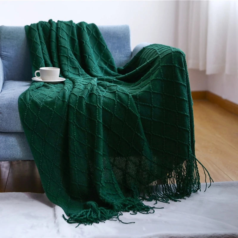 Chunky Knit Throw Blanket with Tassels – Khaki Farmhouse Oversized
